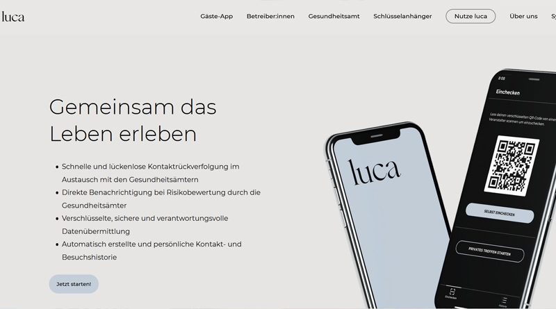 Screenshot der Luca App Homepage